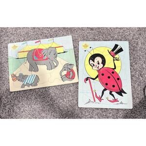 Vintage Furry Wooden Tray Puzzles – Circus Elephants & Benny Beetle – Set of 2